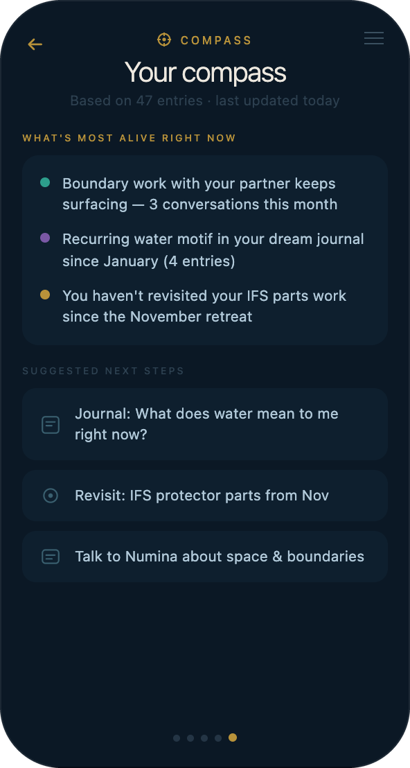 Numina Compass feature showing surfaced themes, unresolved threads, and suggested next steps