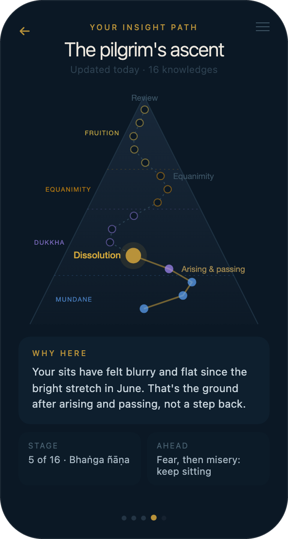Numina's sixteen ñāṇas map drawn as a mountain climb: four stages behind, the current stage Dissolution, with a note explaining that flat, blurry sits after a bright stretch are the ground after arising and passing